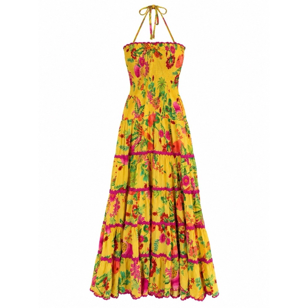 FARM Rio Delicate Fruit Garden Halter Maxi Dress Yellow Smocked Tiered Size S